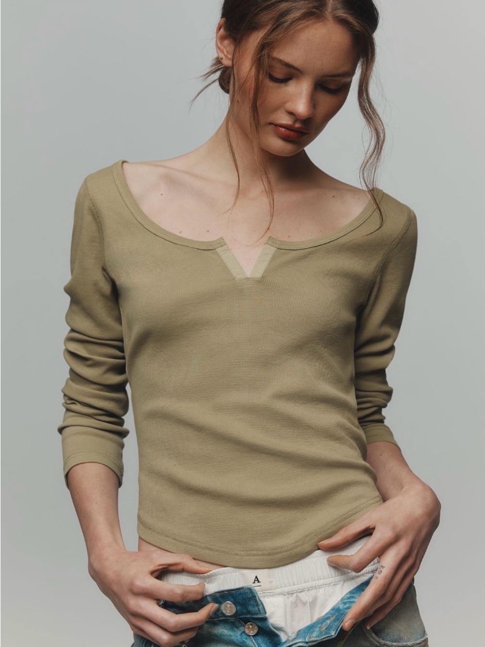 Pilcro Olive Notch-Neck Long Sleeve Top